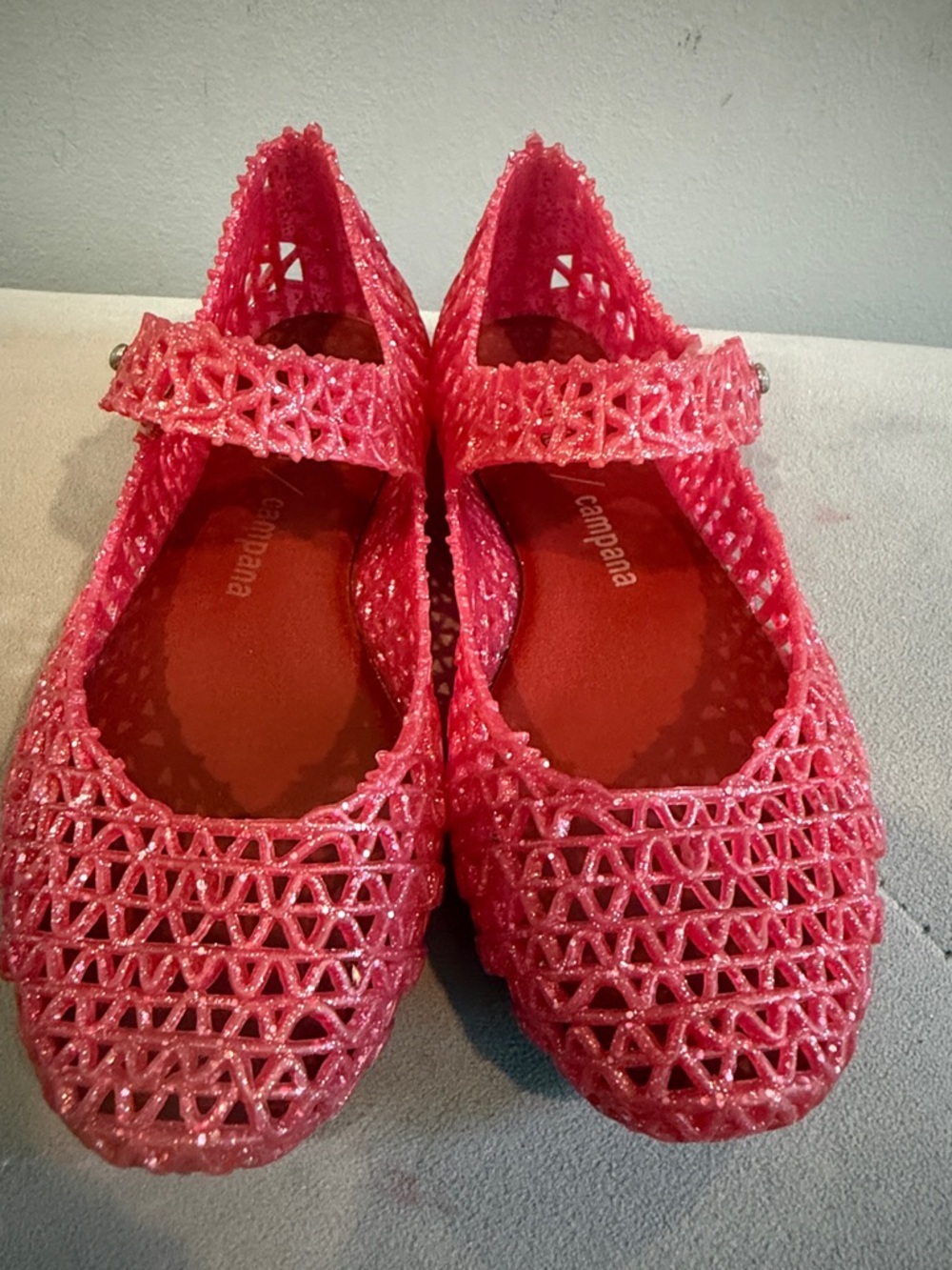 Mini Melissa Girls Redish Pink Glitter Mary Jane Dress Shoes